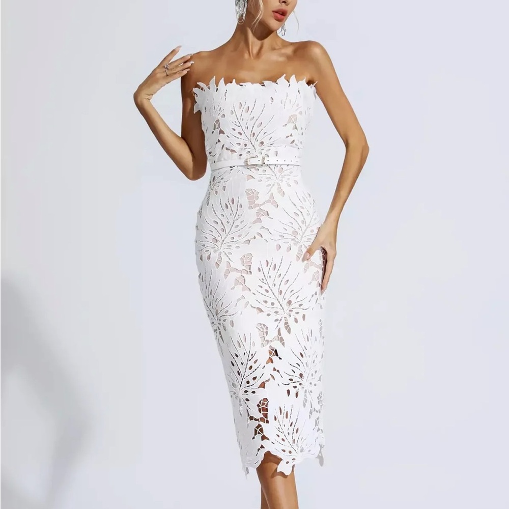 Strapless White Lace Midi Dress
